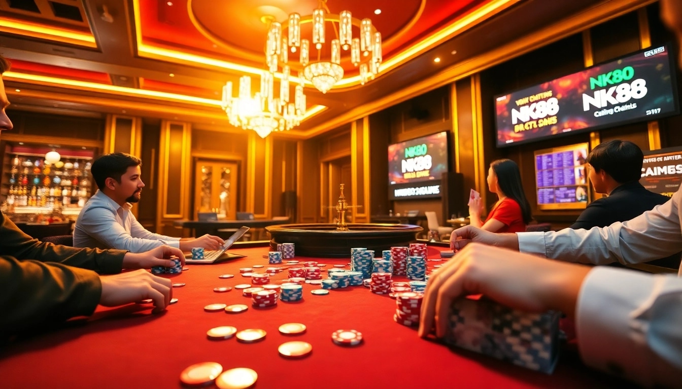 Players enjoying a thrilling poker game at NK88's luxury casino table filled with vibrant chips.