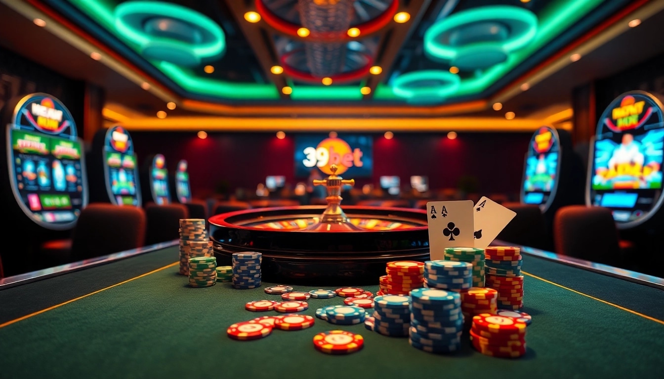 Excitement of online gambling at 39bet.com with luxurious casino tables and vibrant poker chips.