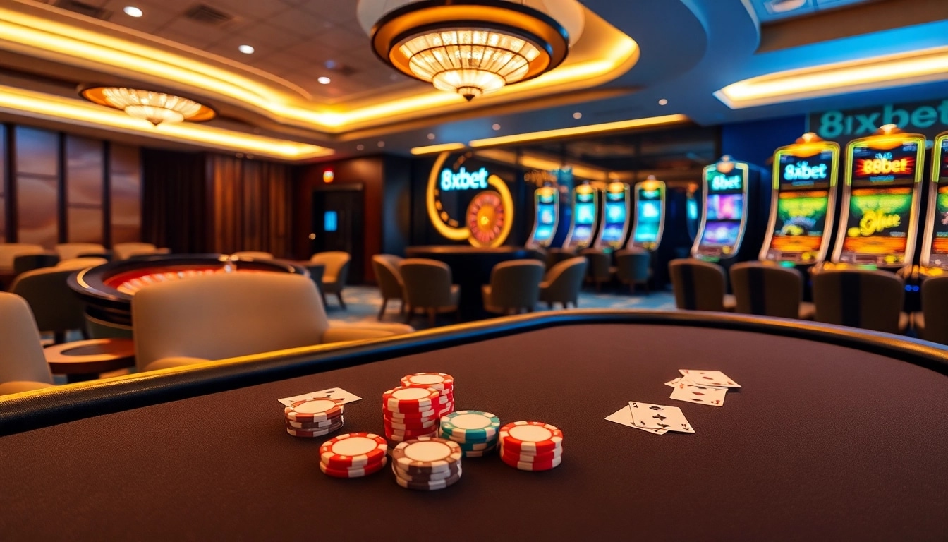 Experience the thrill of 8xbet at a high-stakes poker table with vibrant chips and cards.