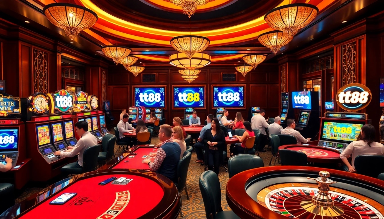 Gamblers enjoying an exciting game at tt88 casino, with vibrant slot machines and tables.