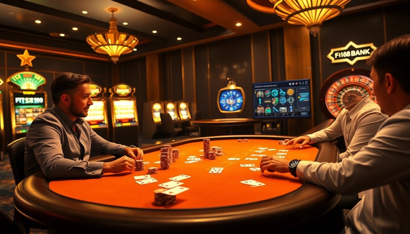 Engaging gameplay at F168 casino with poker chips and cards on a luxurious table.