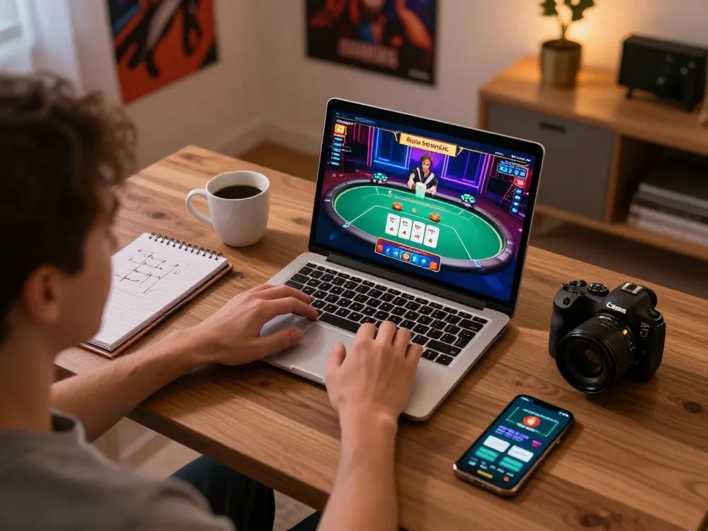 Playing poker online at home with mb668 strategies and gaming setup shown on laptop