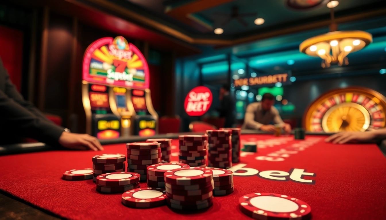Exciting game at a Superbet poker table with colorful chips and illuminated casino ambiance.