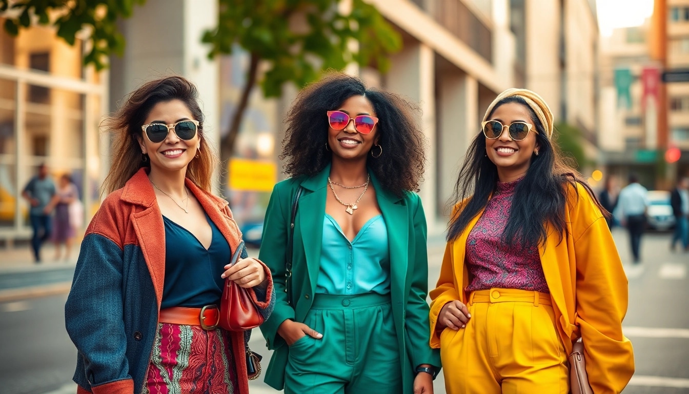 Dynamic women fashion outfits displaying diverse styles and bold colors in an urban setting.