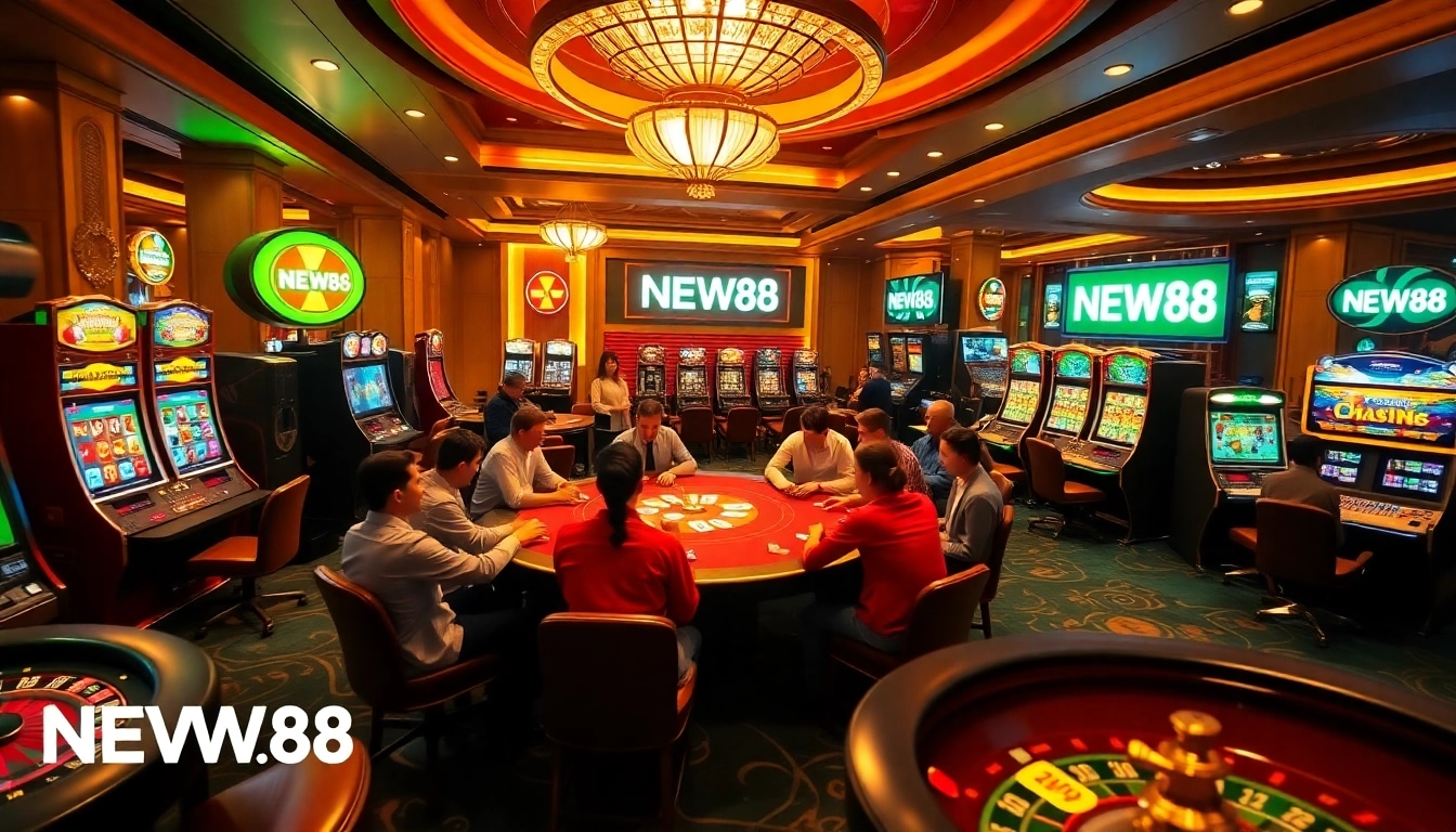Gambling enthusiasts enjoying a lively casino atmosphere at NEW88 with poker and slot machines.
