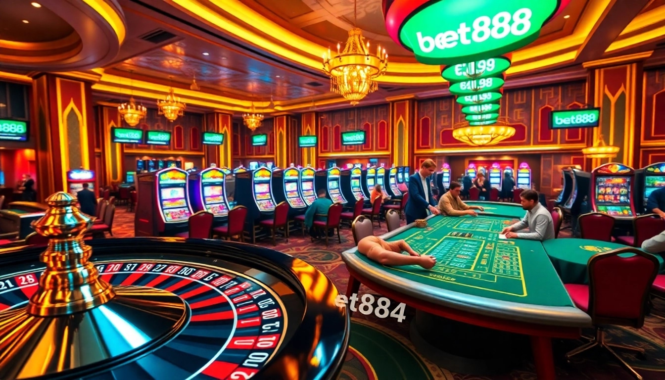 Captivating casino scene showcasing bet888 with players at poker and roulette tables.