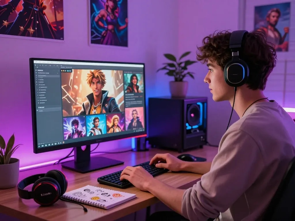 Engaging user interacting with NSFW character AI on computer during immersive roleplay experience.