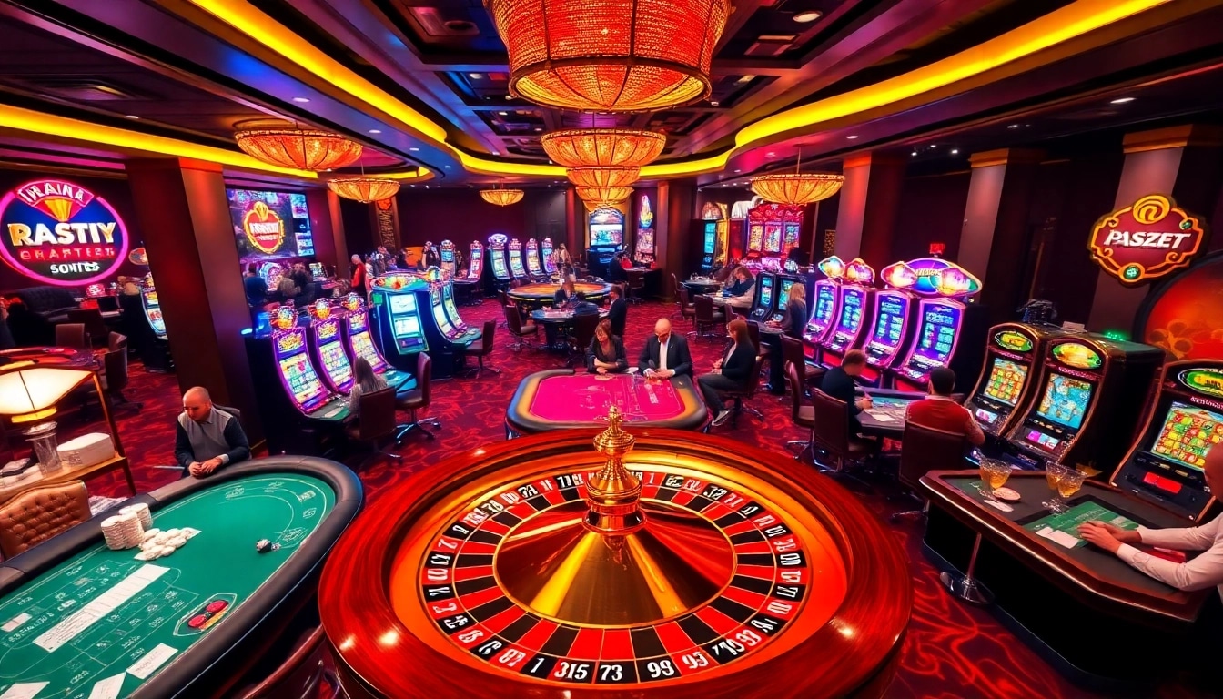 An exciting online casino scene at https://xx88.pizza/, featuring roulette, poker tables, and slot machines.