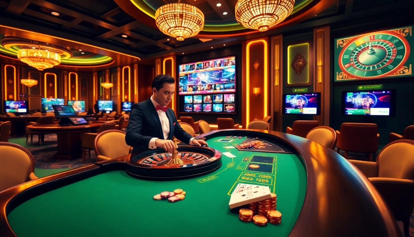 Experience thrilling gaming at https://789fcom.asia/ with vibrant casino visuals showcasing roulette wheels and poker tables.
