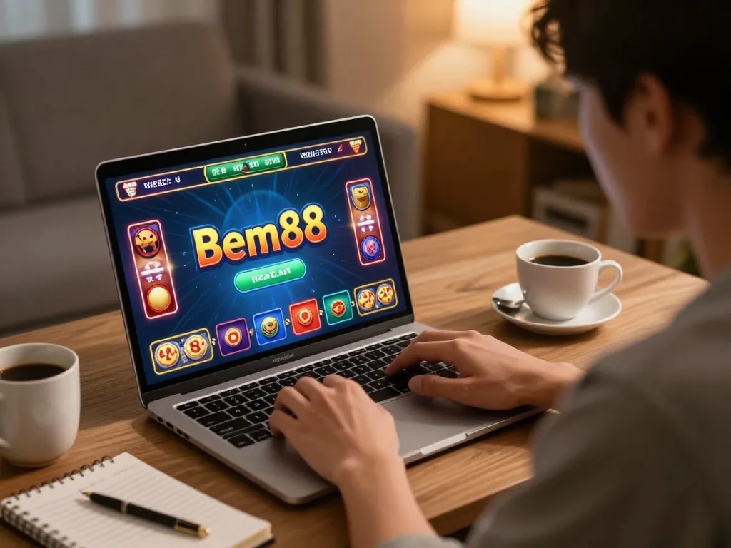 Player engaged in bem88 online casino gaming, strategizing with notes at home.