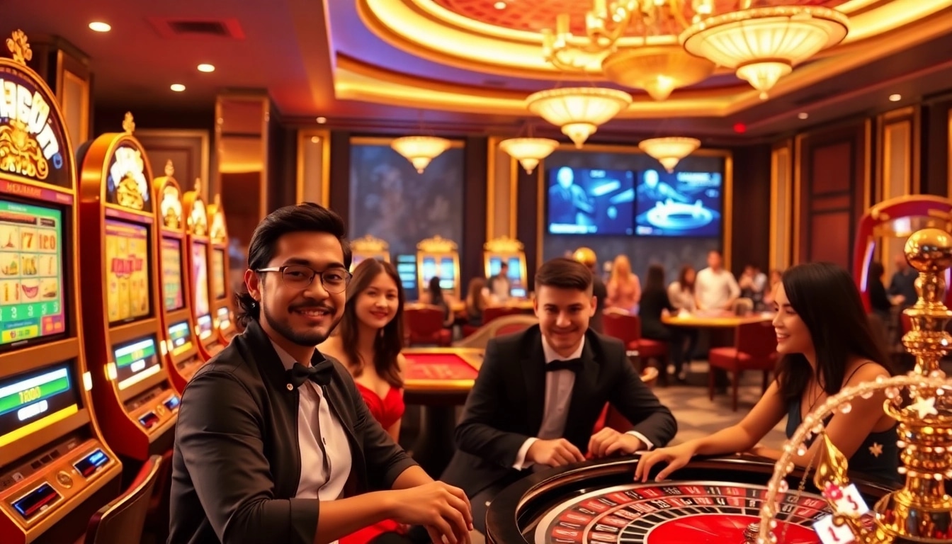 Players enjoying a thrilling gaming experience at XX88 casino with vibrant tables and slot machines.