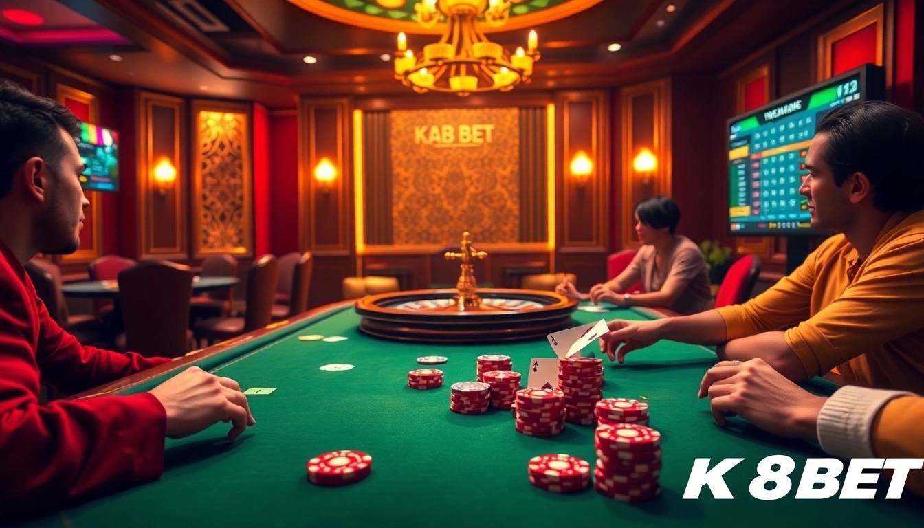 K8BET enhances the casino experience with a luxurious poker table and engaging online gambling visuals.