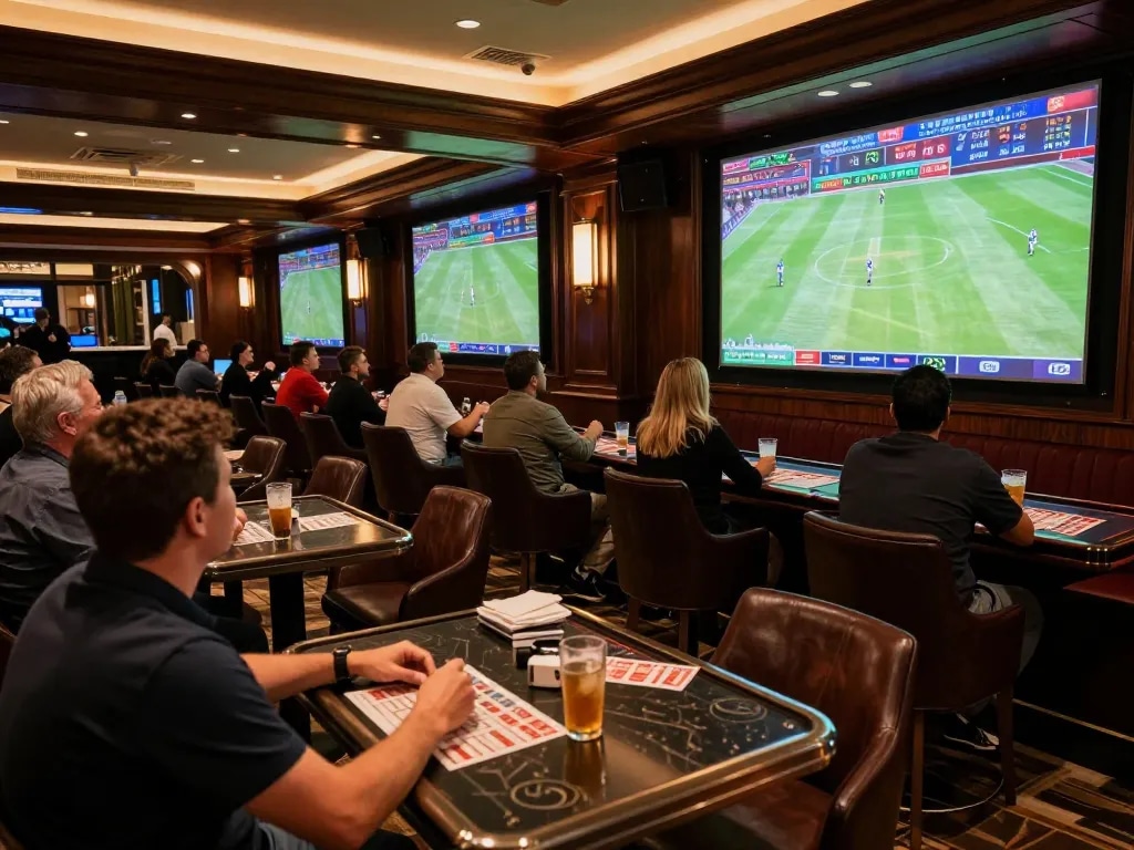 Sports enthusiasts engaging with F8BET during live game betting in a luxurious lounge setting.