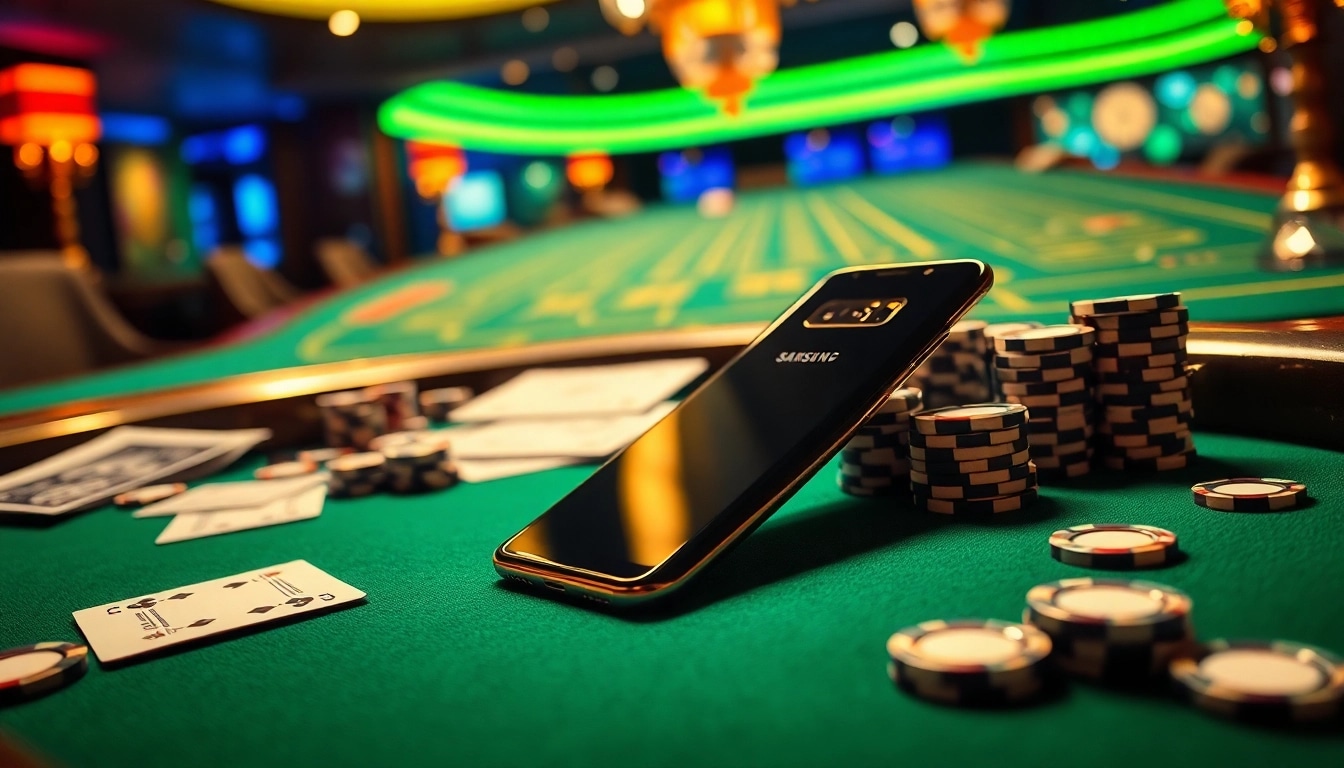 Samsung Galaxy S8 displayed on a casino table amidst poker chips and betting slips, symbolizing winning strategies.