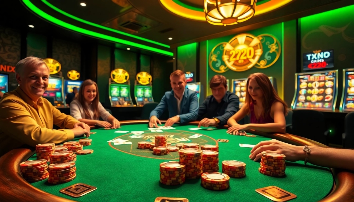 Players enjoying a luxurious poker game at 222BD Casino with vibrant chips and cards.