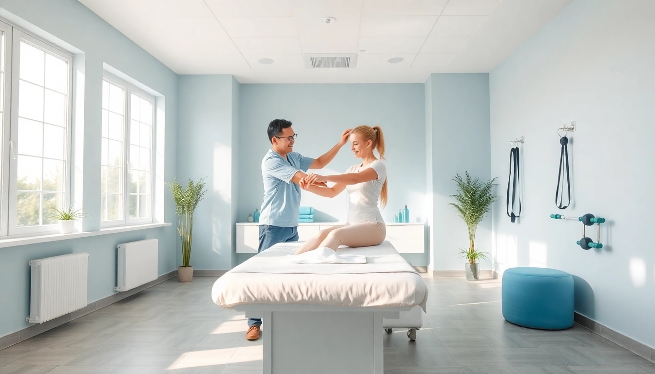 Patient receiving guidance in a calming physiotherapy near me clinic setting.