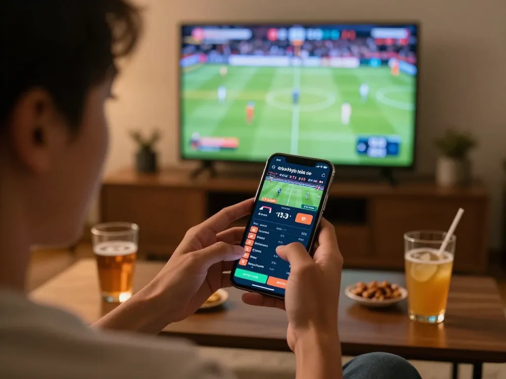 Engaging in online sports betting app on smartphone while following tỷ lệ kèo nhà cái updates during live games.