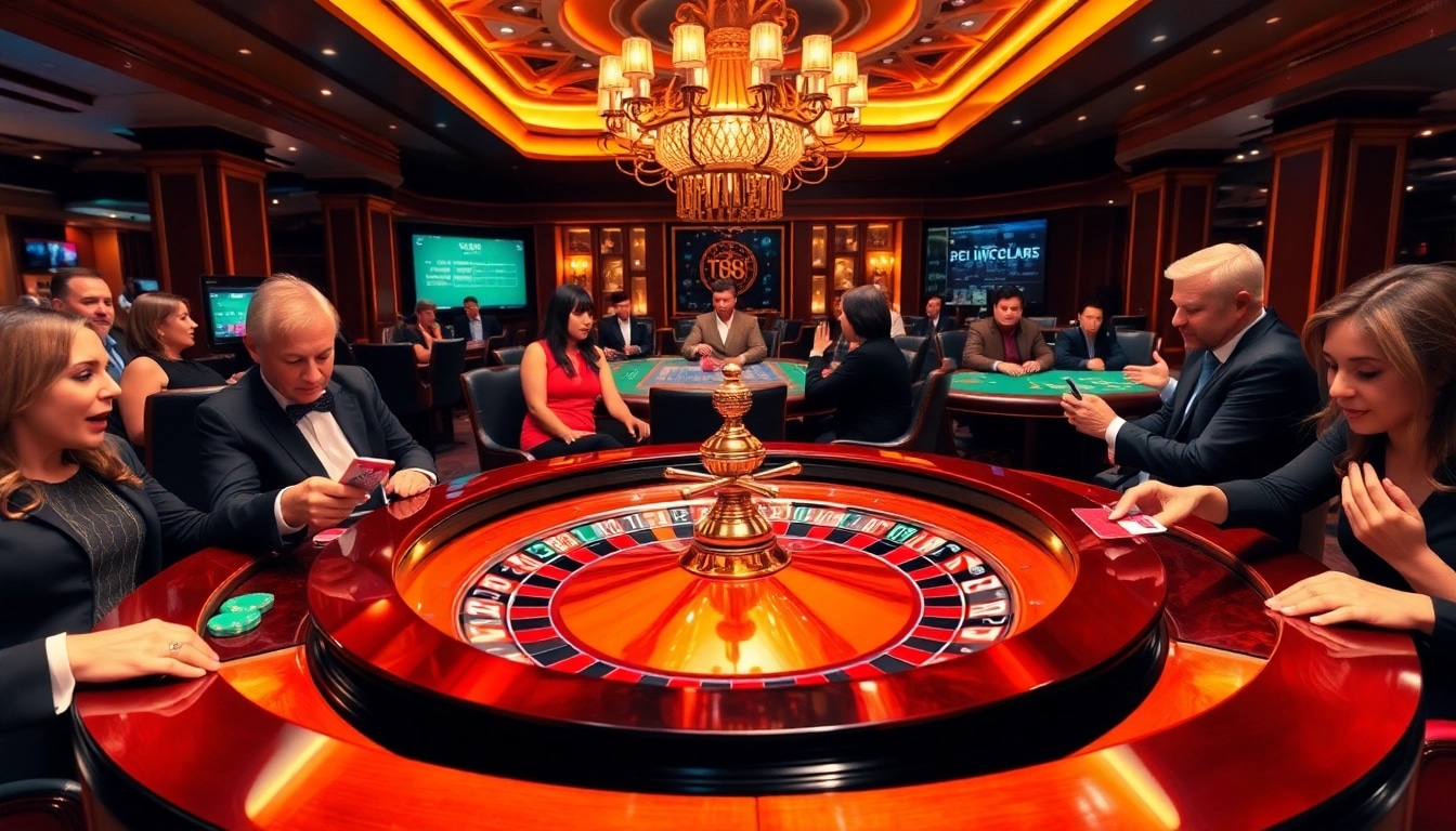 Experience the excitement of TG88 at a lavish casino with roulette, cards, and poker players.