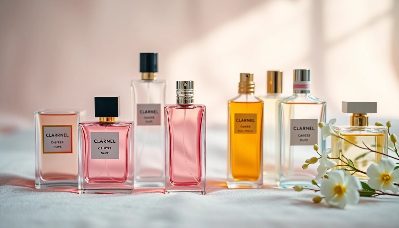 Showcase of designer perfume dupes in elegant glass bottles on a velvet background.