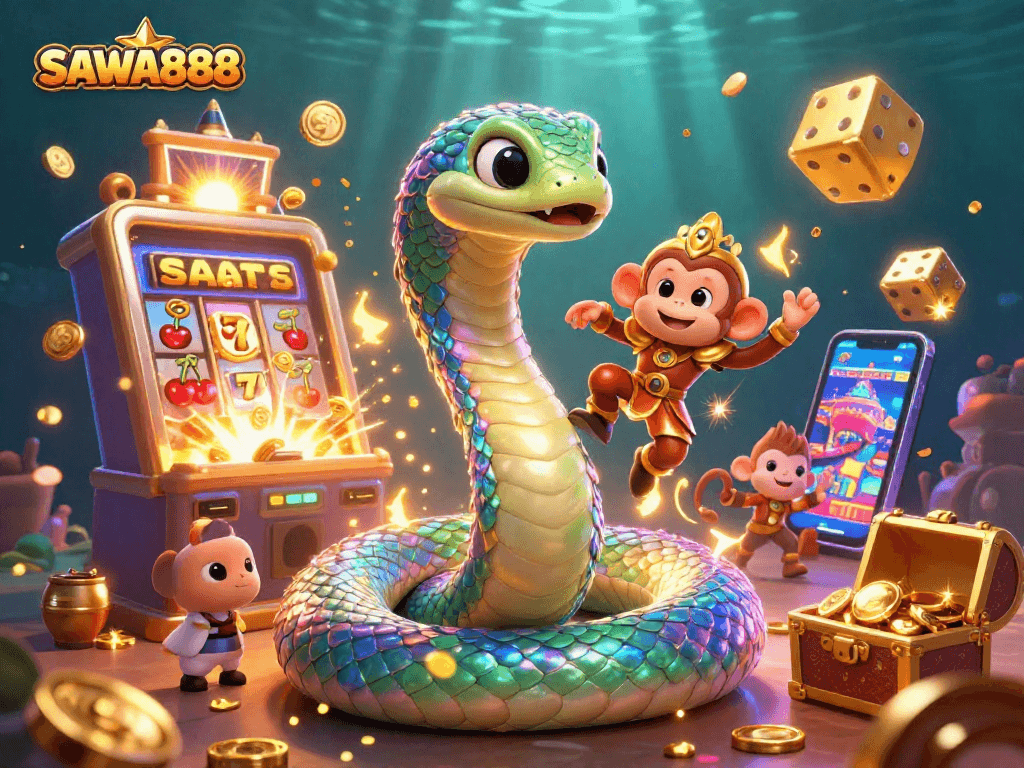 Experience the excitement of SAWA888 with a vibrant 3D illustration featuring a colorful jackpot scene.