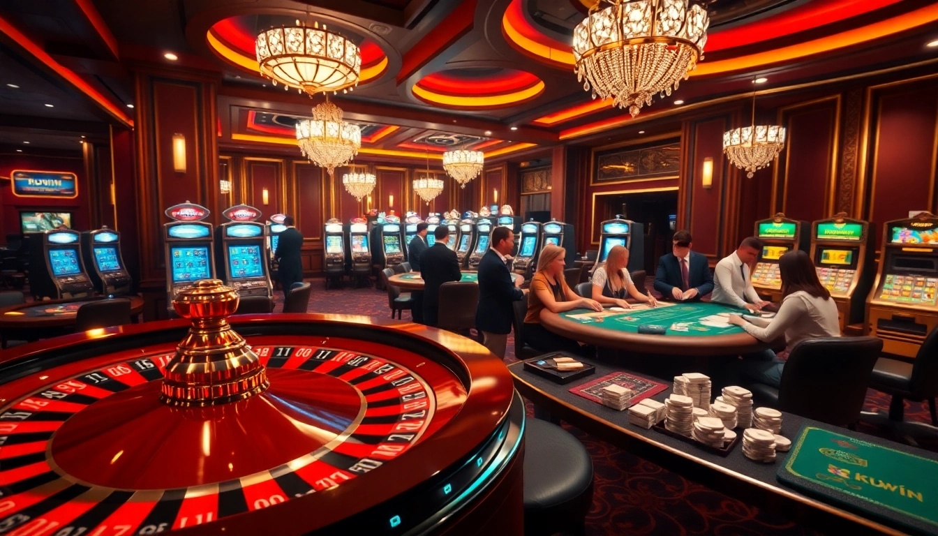 Engage with kuwin casino excitement at a vibrant roulette table and poker games.