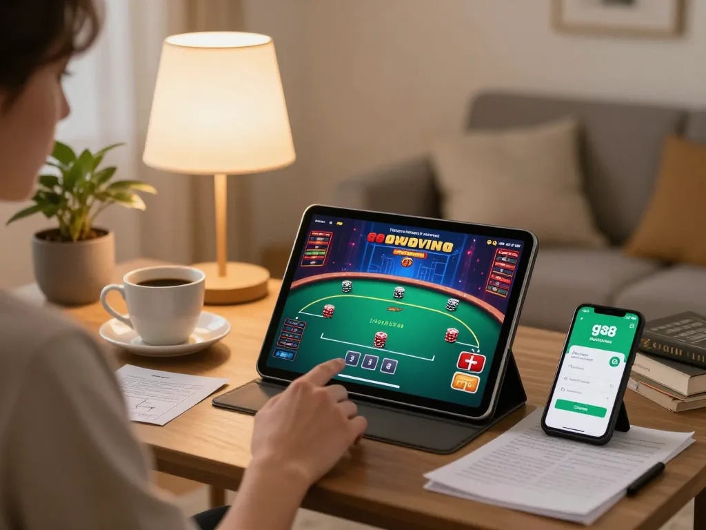 Player enjoying a poker game on go88 app in a cozy home environment, highlighting strategic gameplay.