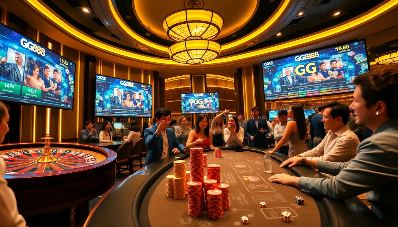 Experience excitement with GG 88 at this vibrant casino scene showcasing poker and roulette.