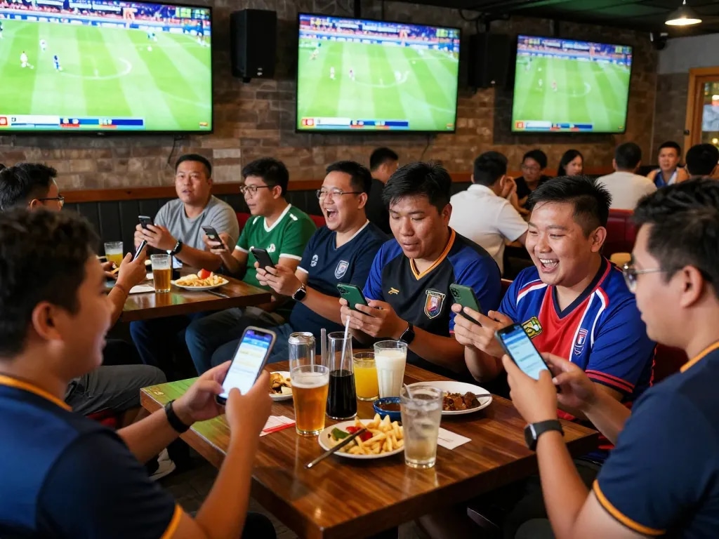 Fans engaging with kèo nhà cái action through mobile betting apps in a lively sports bar