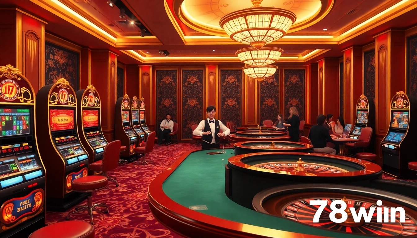 Experience the thrill of 78win casino with vibrant slot machines and roulette action.