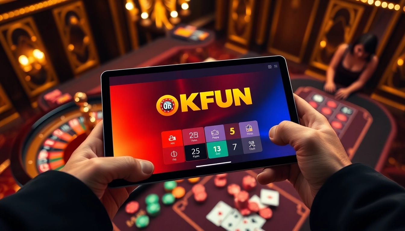Experience the engaging interface of the OKFUN app at a luxurious casino, showcasing exciting gambling opportunities.