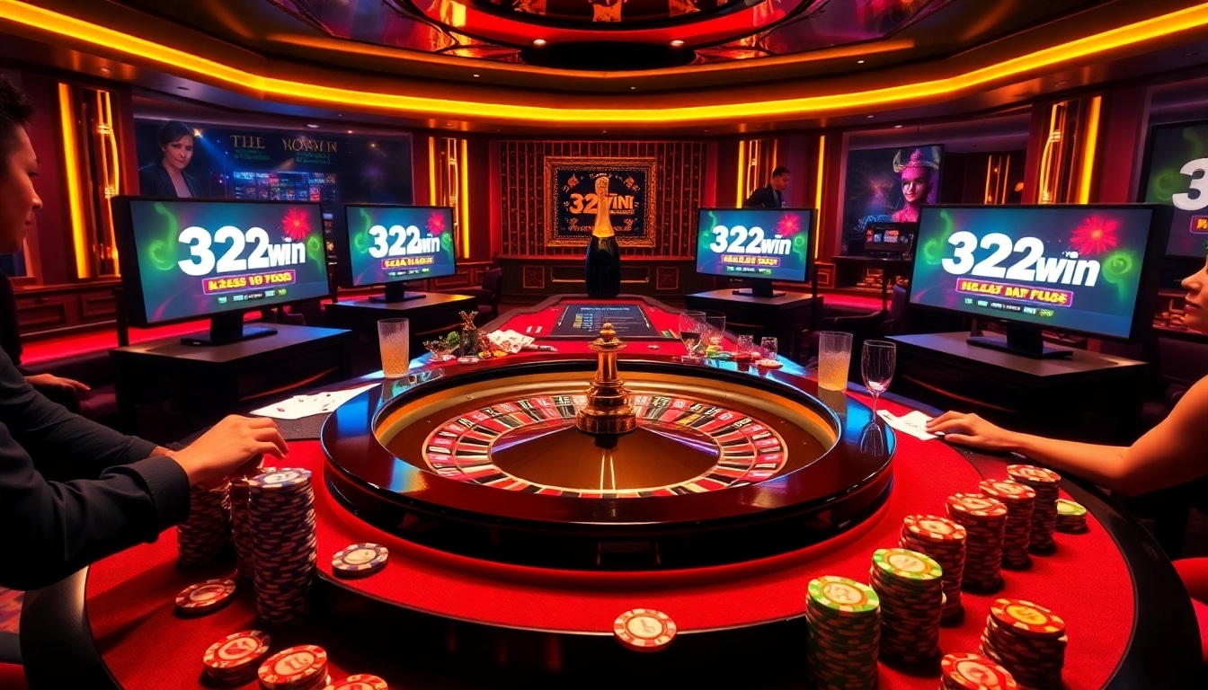 Players enjoying a thrilling game at 32win's glamorous online casino with roulette and colorful chips.