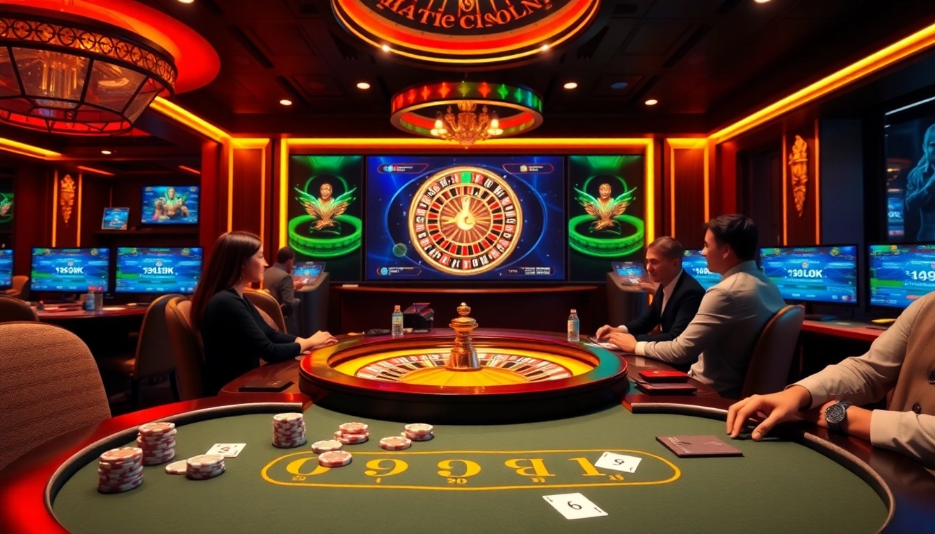 Exciting gaming scene at i9bet online casino with poker table and roulette wheel.