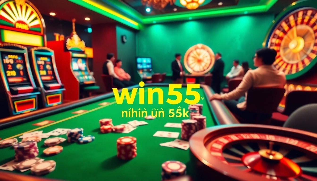 Experience the thrill of win55 nhận 55k with players at an exciting casino table, featuring vibrant poker chips and glowing slot machines.