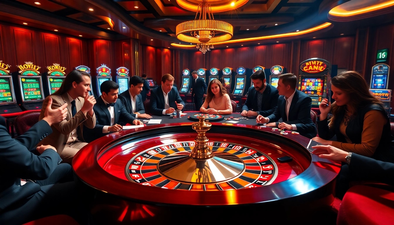 Gamblers enjoying a high-stakes game at a vibrant casino table, revealing excitement at https://kjc.pizza/.