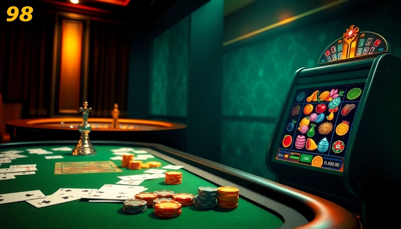 Experience the thrill of winning at 98win's upscale online casino with poker chips and vibrant slots.