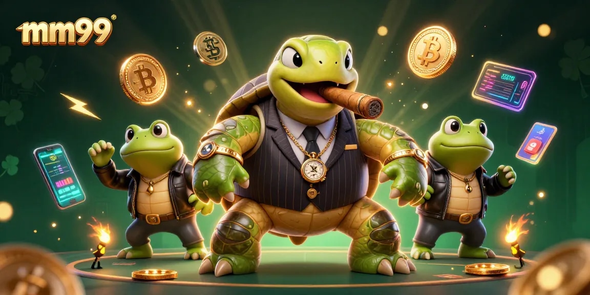 Win big with mm99 in a vibrant casino atmosphere featuring a trademark snapping turtle and bullfrog enforcers.