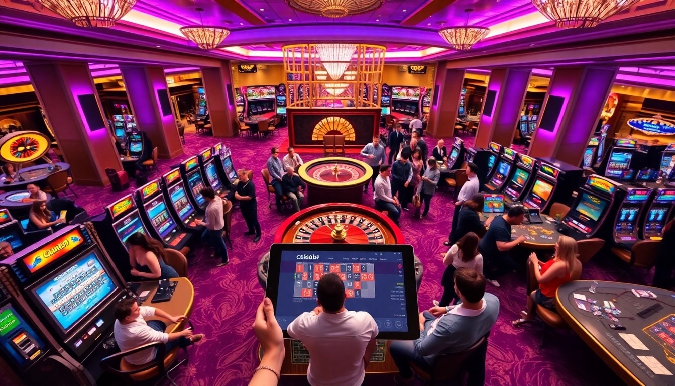 Gamblers enjoying the C168.mobi experience at a luxurious casino filled with slot machines and roulette.