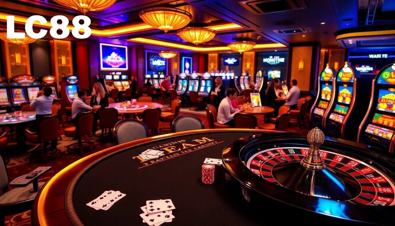 Experience the excitement of Lc88 with an upscale casino scene featuring poker tables and roulette wheels.