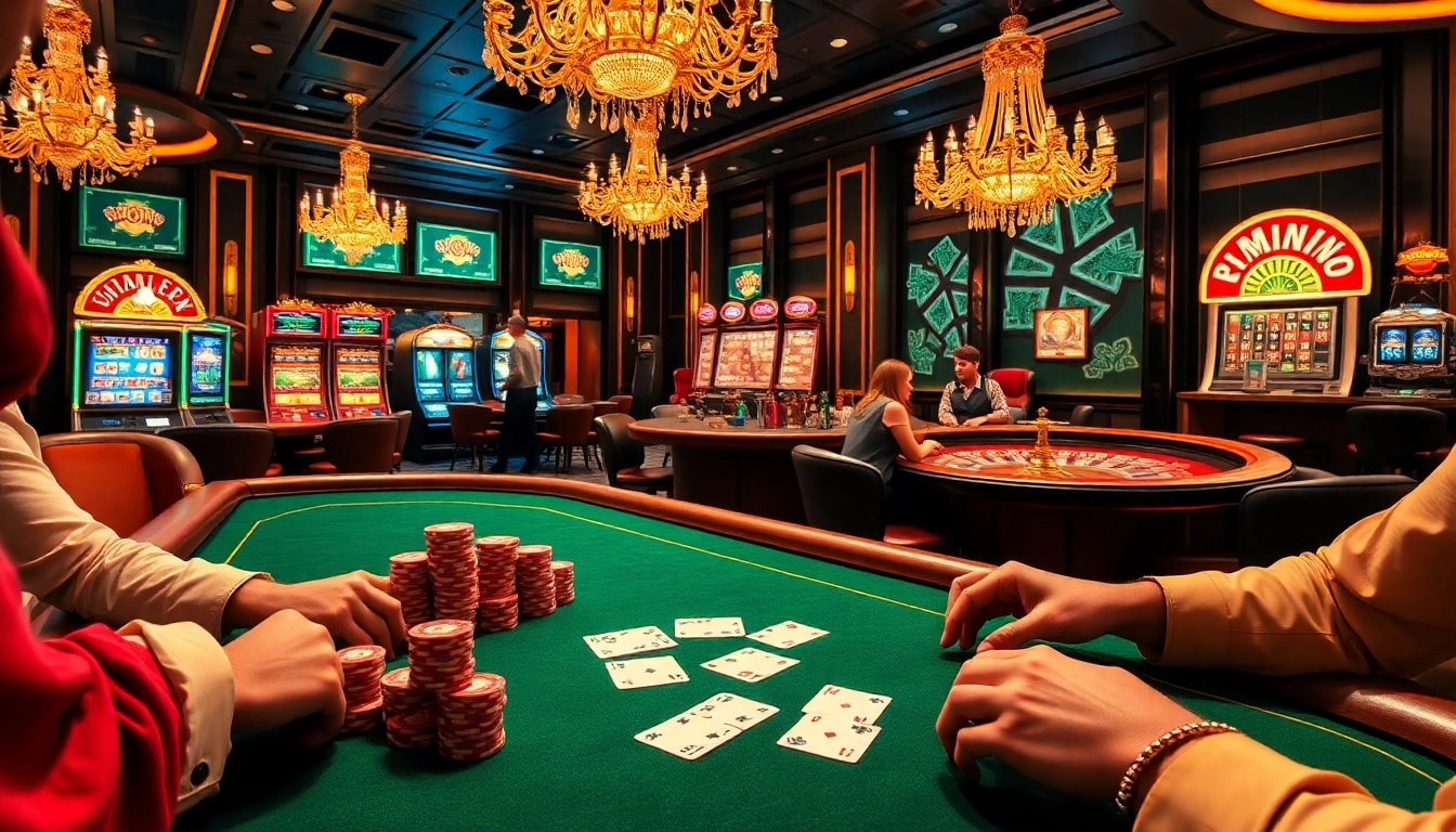 Players engaging in poker at https://vj88.online/, with chips and cards highlighting a thrilling casino environment.