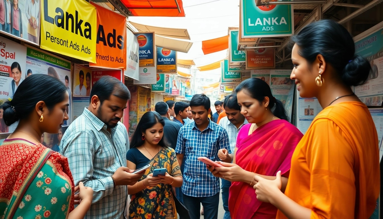 Lively marketplace scene featuring Lanka Ads with colorful banners and people interacting over personal and spa advertisements.