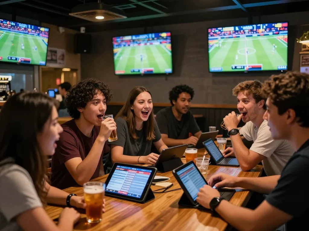 Tỷ lệ kèo nhà cái displayed on smartphones amidst an excited sports betting scene in a lively bar