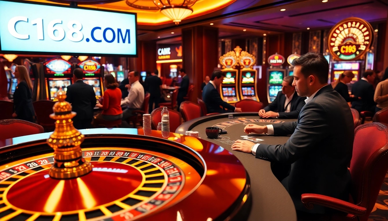 Players engaging at a roulette table in a luxurious casino featuring C168.COM branding.