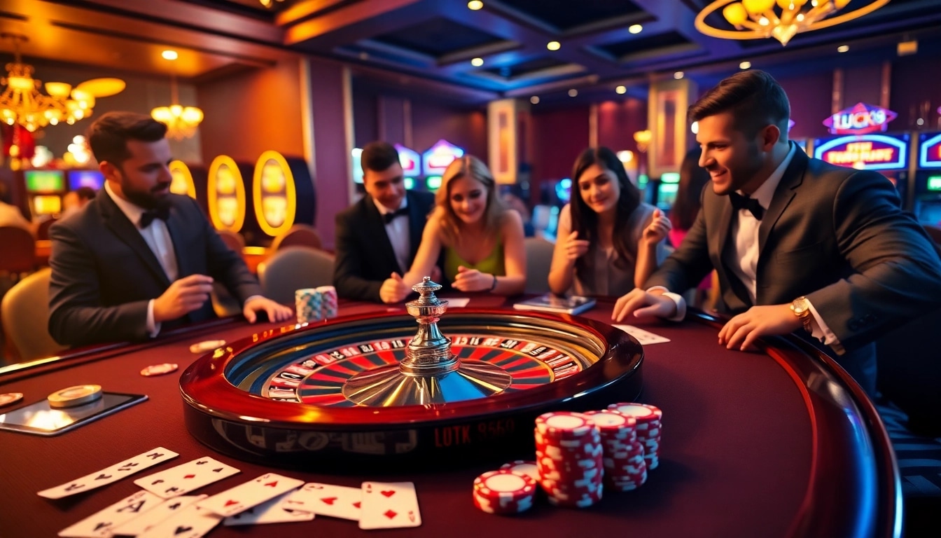LUCK8 players engaging in strategic gambling at a casino table with vibrant poker chips and cards.