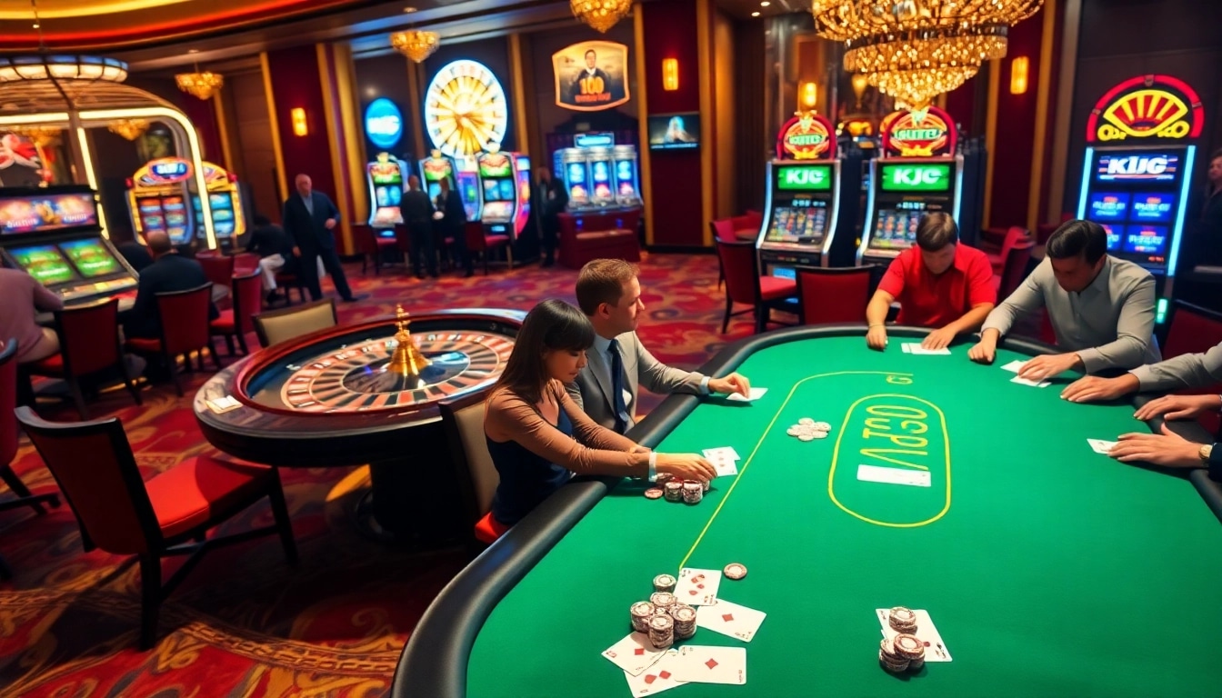 KJC offers an exciting casino experience with players at a poker table and vibrant slot machines.