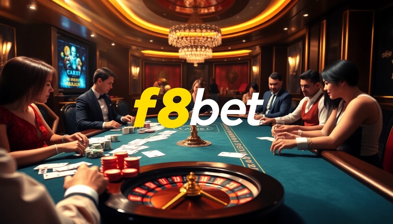Experience high-stakes poker action at f8bet with vibrant colors and luxury casino ambiance.