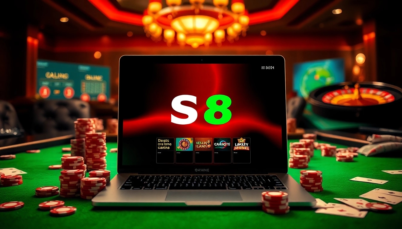 Exciting casino experience with Nhà cái S8 showcasing poker chips, cards, and a roulette wheel.