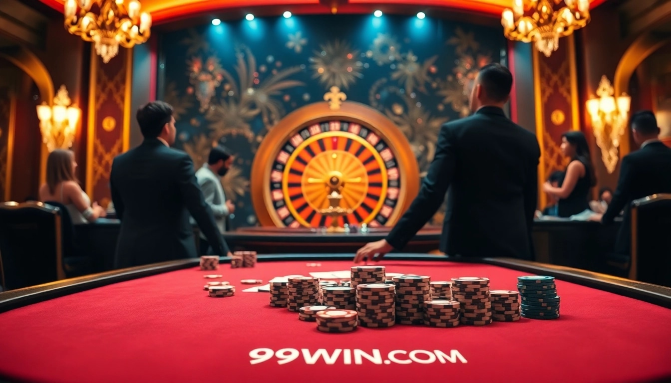 Betting excitement at 99WIN.COM with players at a glamorous poker table and roulette wheel.