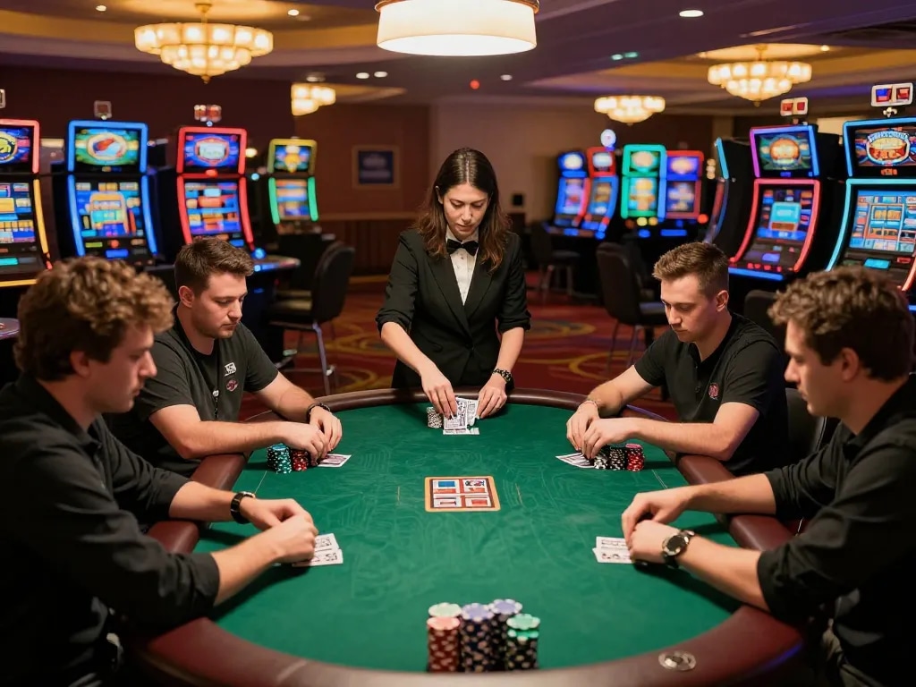 C168 poker game in a casino with players focusing on cards and chips during an intense match.