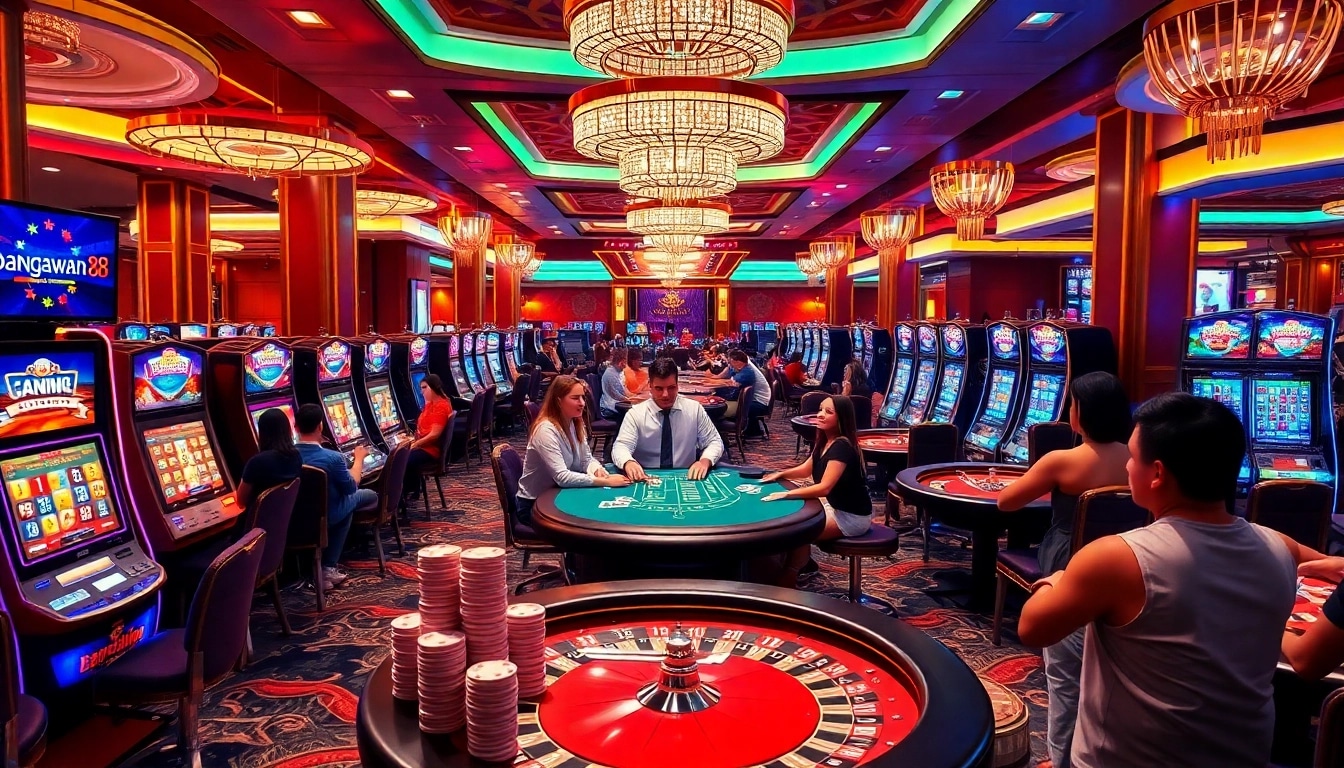 Bangsawan88 players strategizing over poker chips and roulette in a vibrant casino setting.