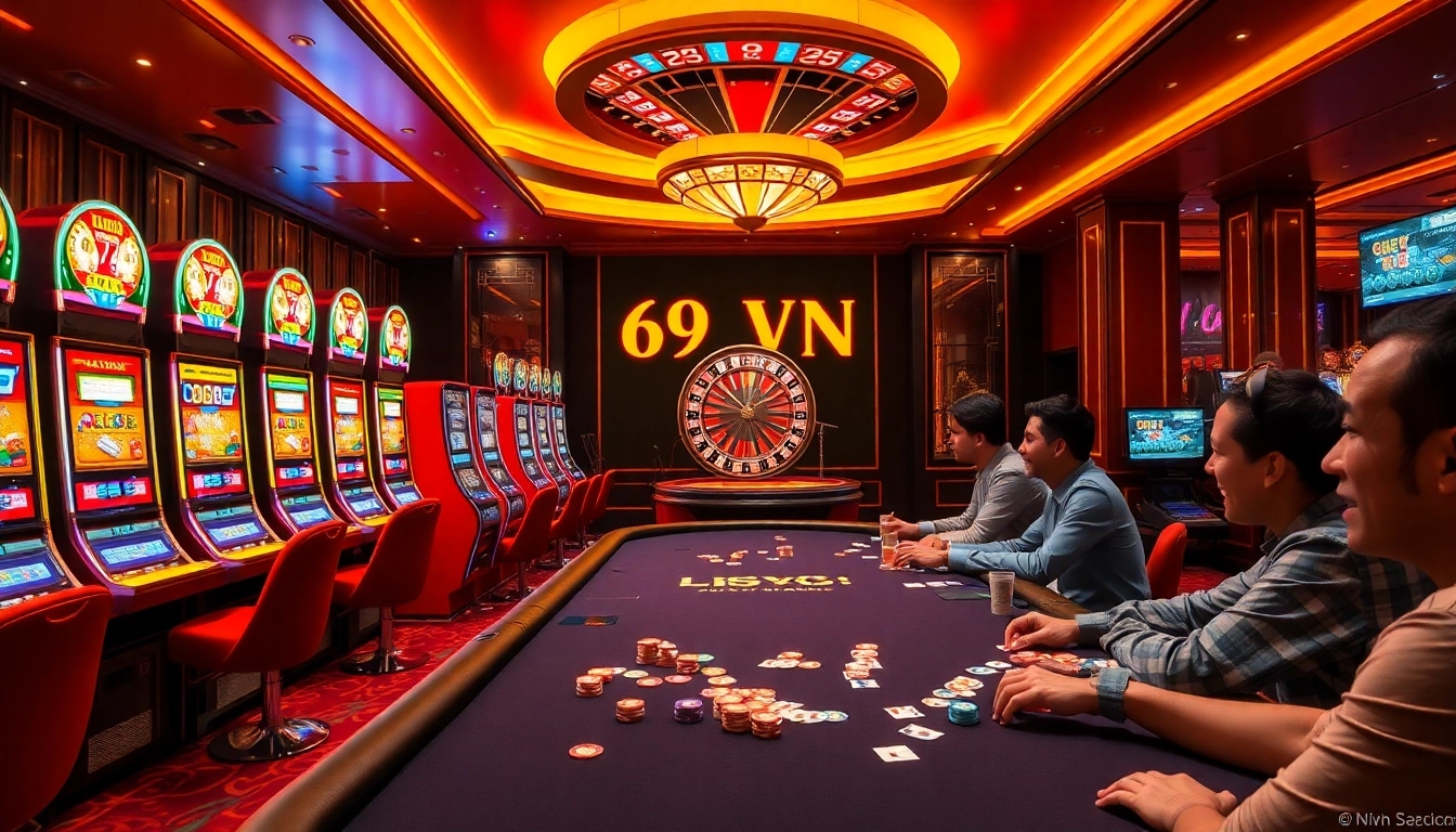 69VN casino thrilling gameplay experience with vibrant slot machines and poker tables.